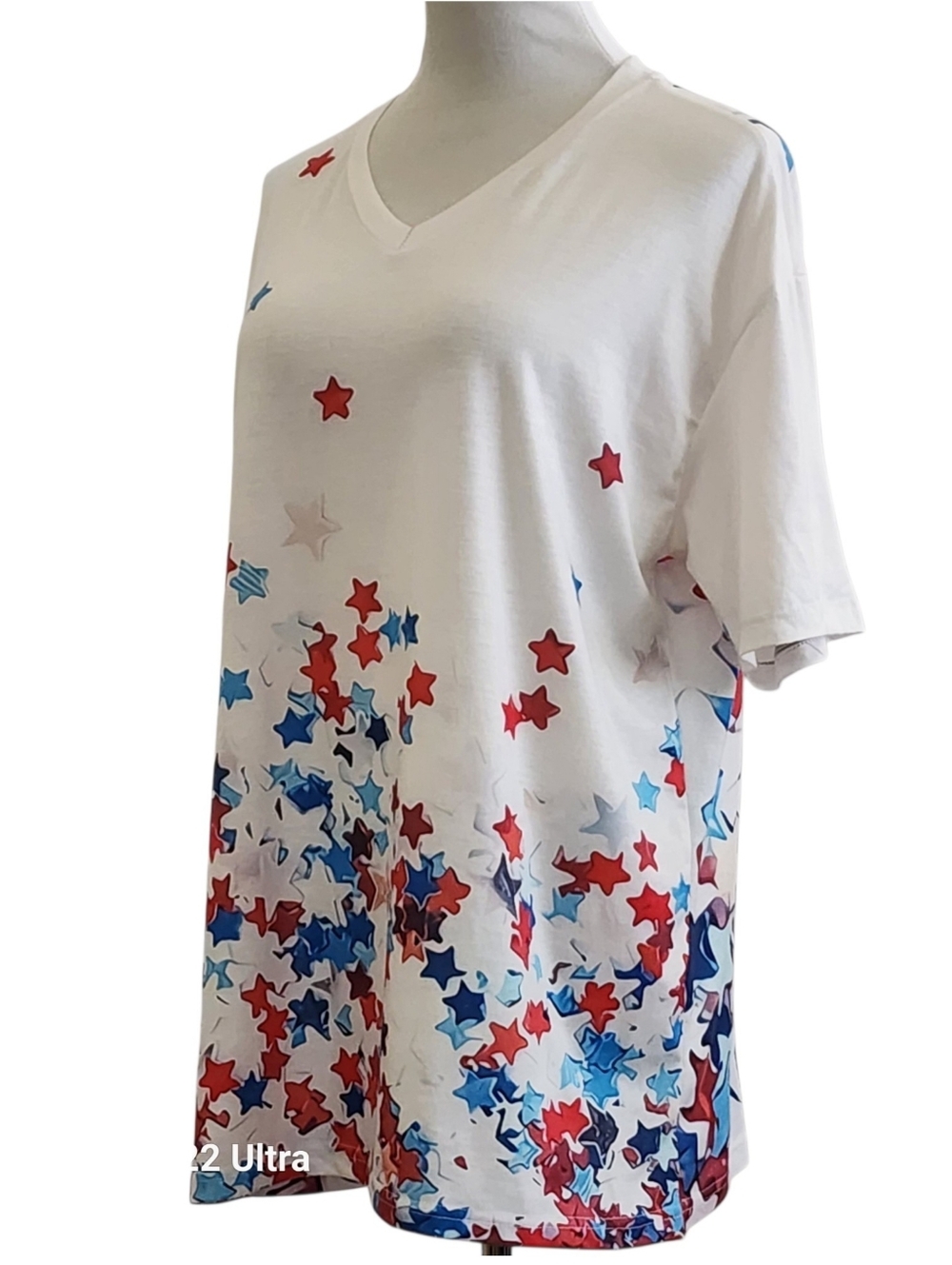 Patriotic white v-neck red white & blue star print soft fabric women’s top - Picture 6 of 11